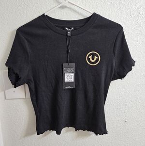 True Religion Rose Logo Lettuce Hem Ribbed Baby Tee